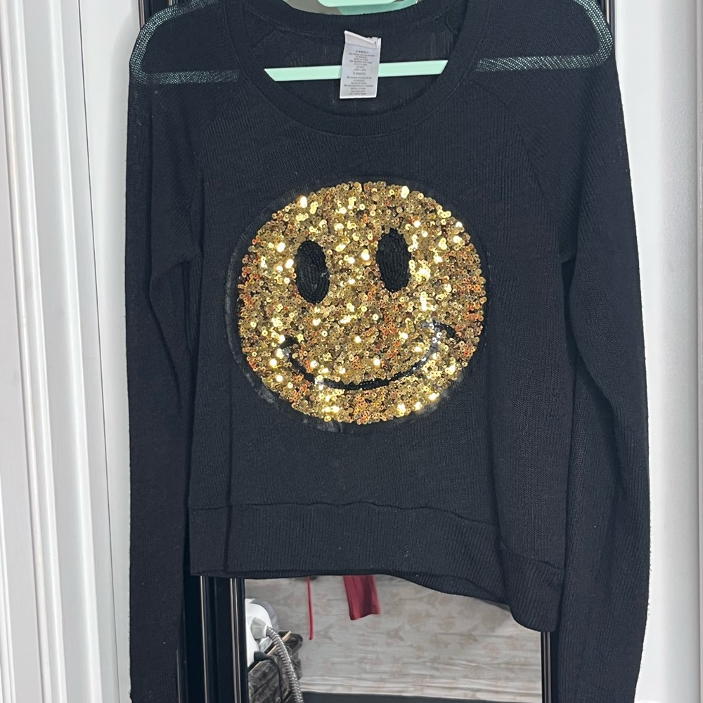 Black Sweater with Gold Sequin Smiley Face